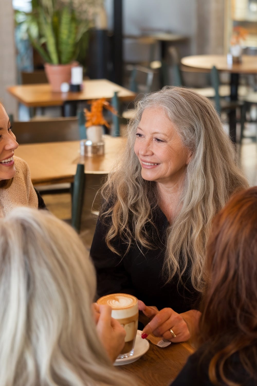 A woman with long wavy hair interacts with friends over coffee in a café.