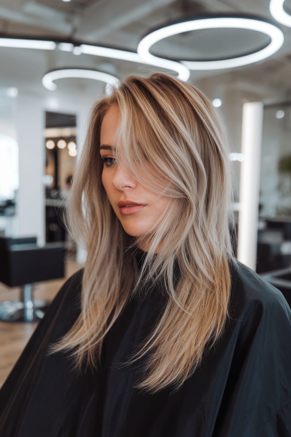 A woman with long layered hair and face-framing pieces, looking stylish in a salon setting.
