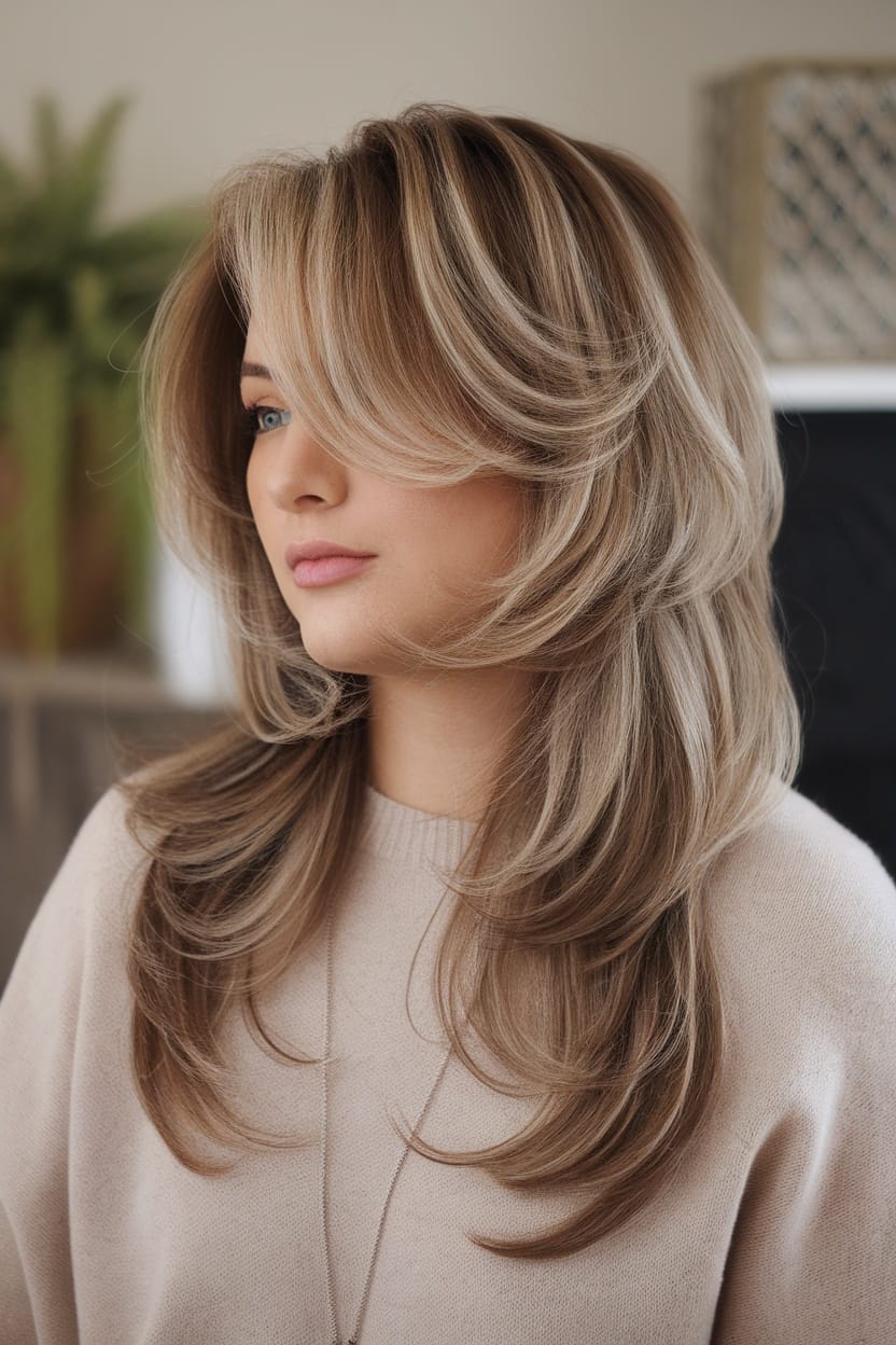 A woman with long layered hair and side-swept bangs, showcasing a hairstyle suitable for round face shapes.