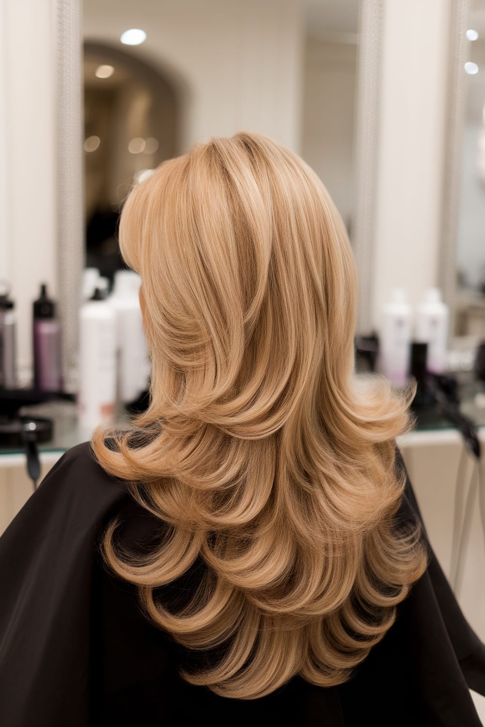 Long layered haircut with glamorous finish, showcasing soft waves and warm blonde tones.