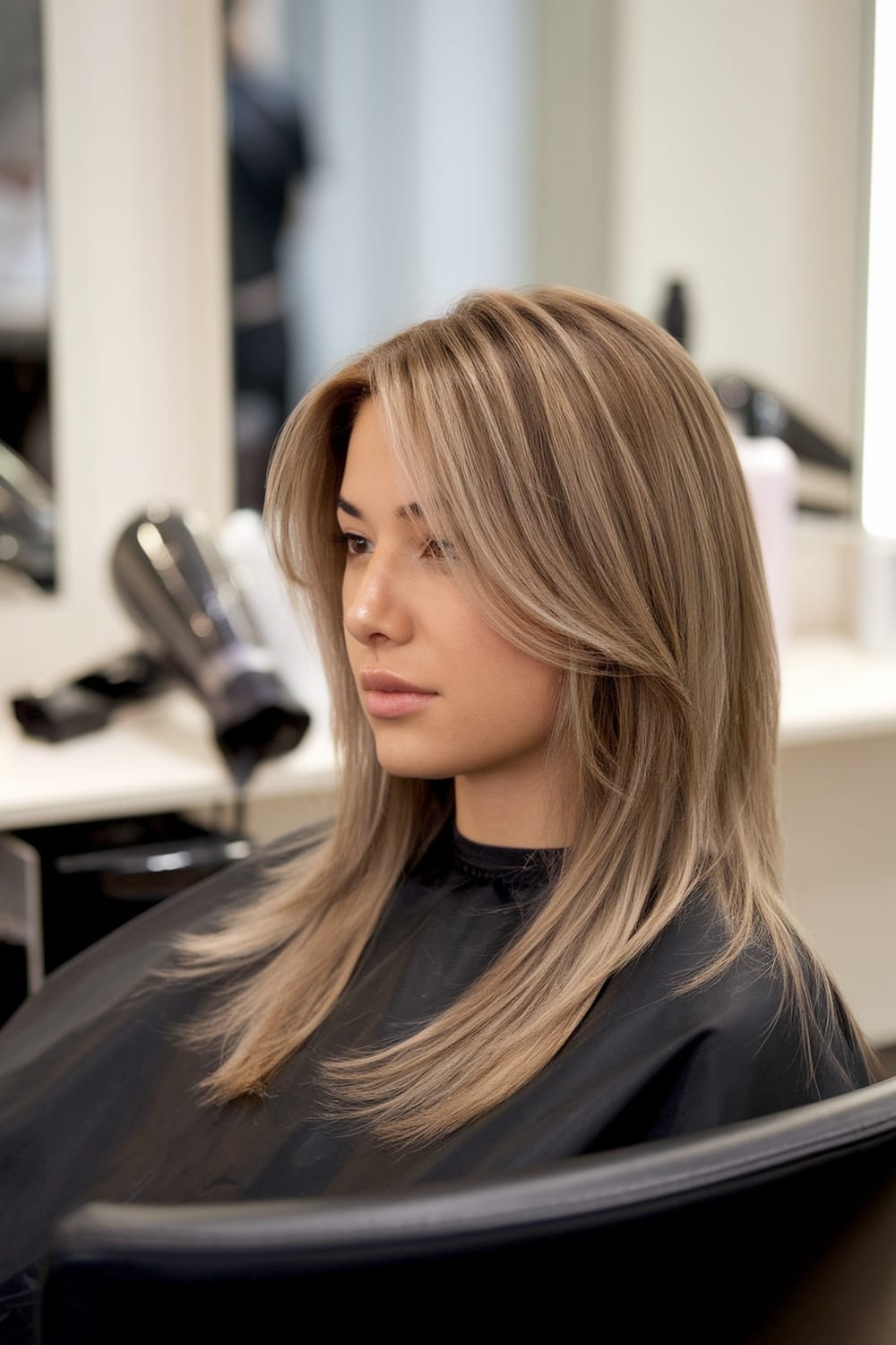 A woman with long layered hair and a center part, sitting in a salon.