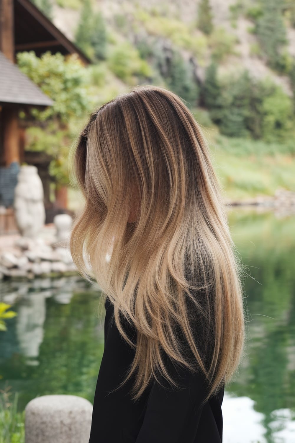 A woman with long layered hair featuring a subtle ombre effect, standing near a serene body of water.
