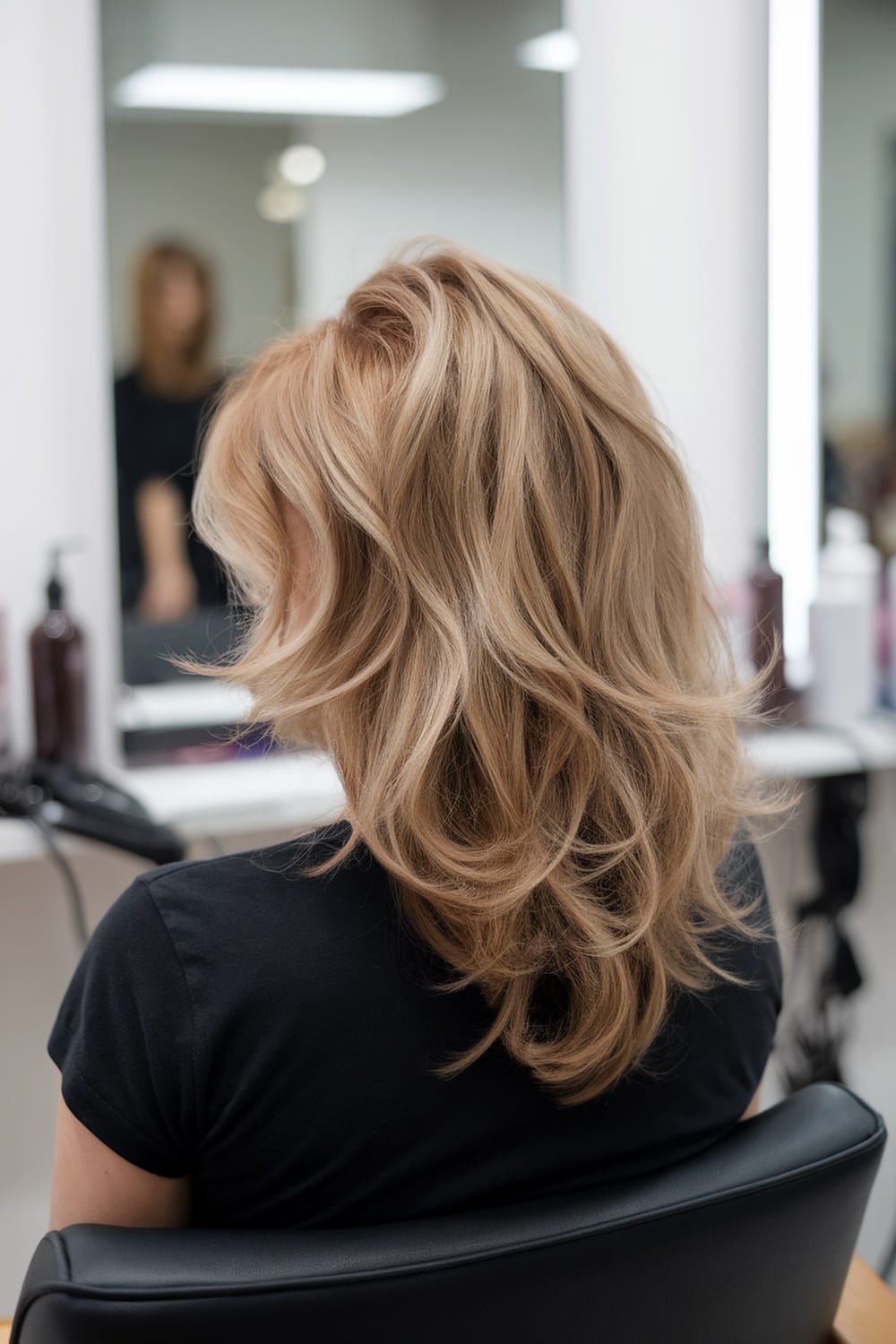 A woman with long layered hair styled with curly ends, viewed from the back in a salon setting.