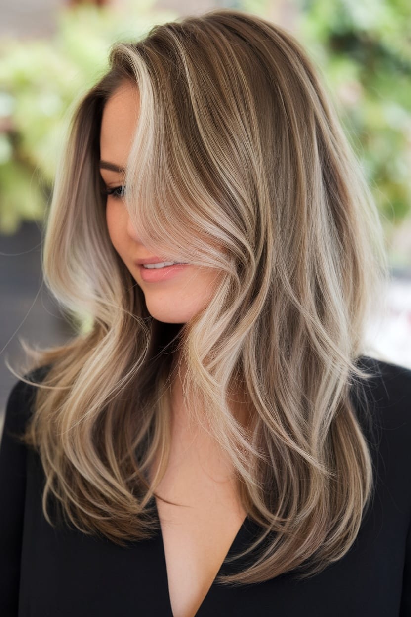 A woman with long layers and face-framing highlights, showcasing a hairstyle suitable for the office.