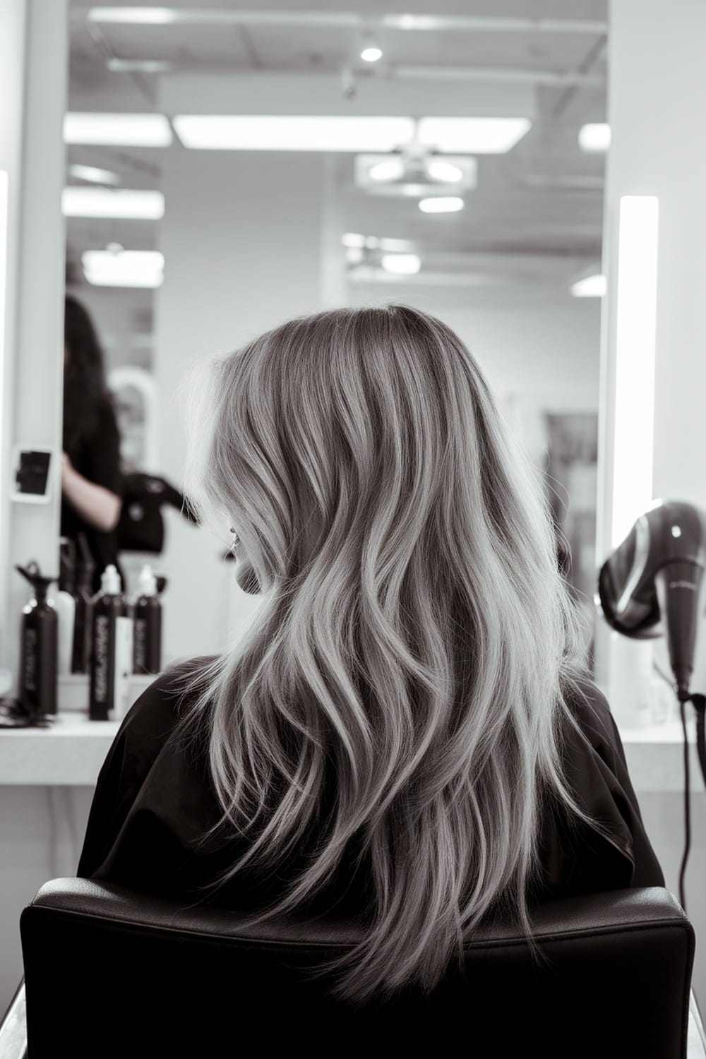 A woman with long layered hair, showcasing volume and soft waves, sitting in a salon.