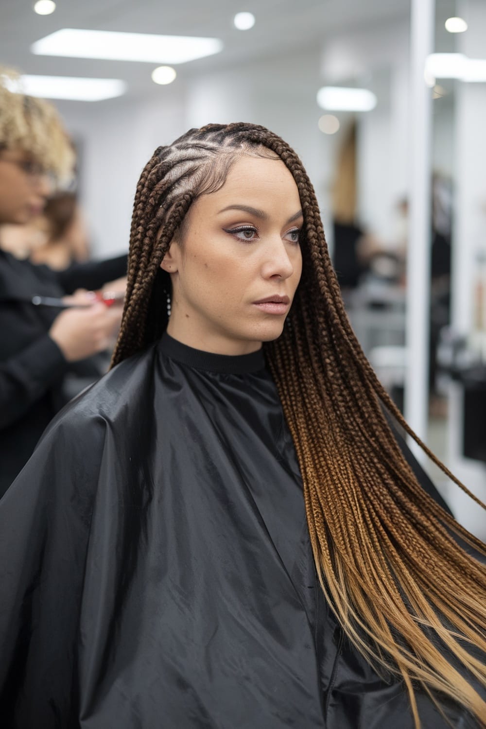 A woman with long micro braids in a salon setting.