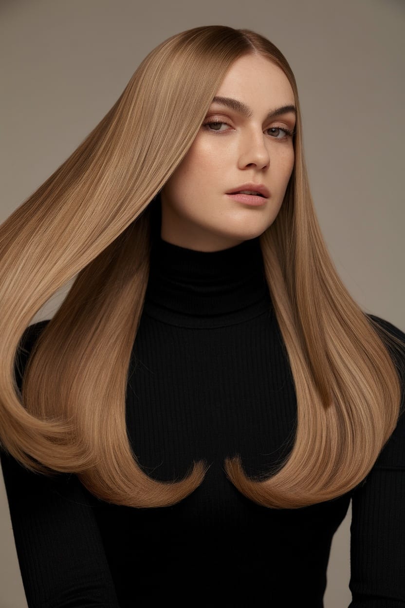 A woman with long, straight hair, styled sleekly, accentuating her features