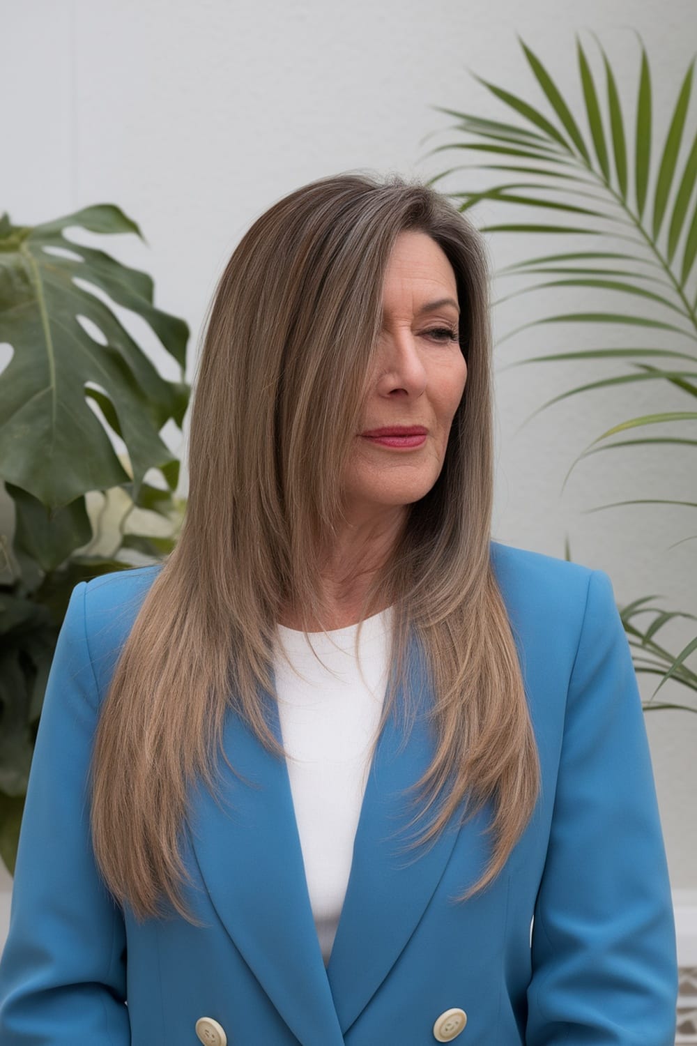 Image of a woman with long straight hair styled with a side part, wearing a blue blazer.