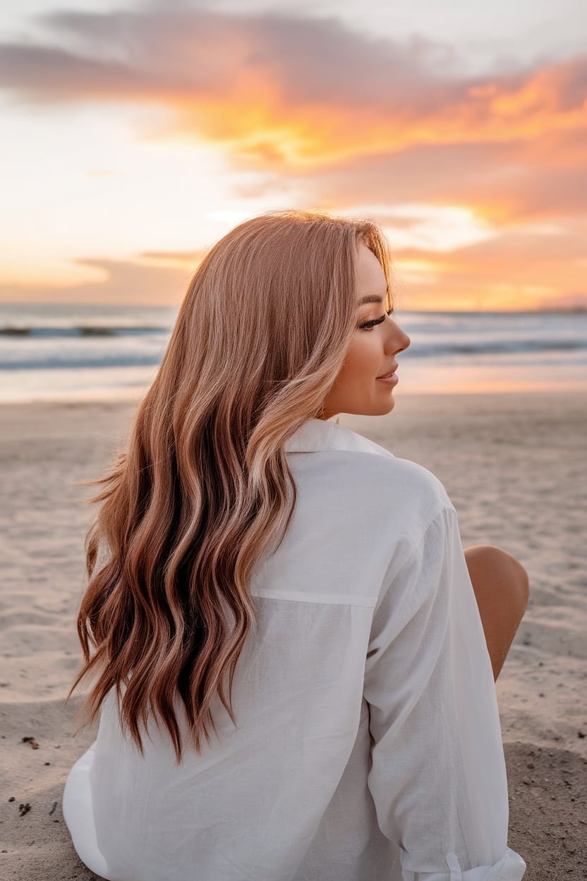 A woman with long waves and face-framing layers sitting on the beach at sunset.