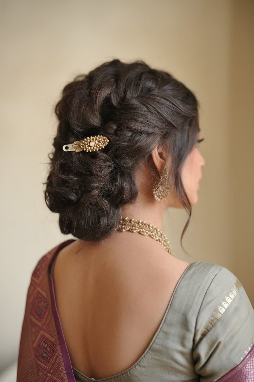 A woman with a loose updo hairstyle adorned with a vintage hairpin, wearing a saree.