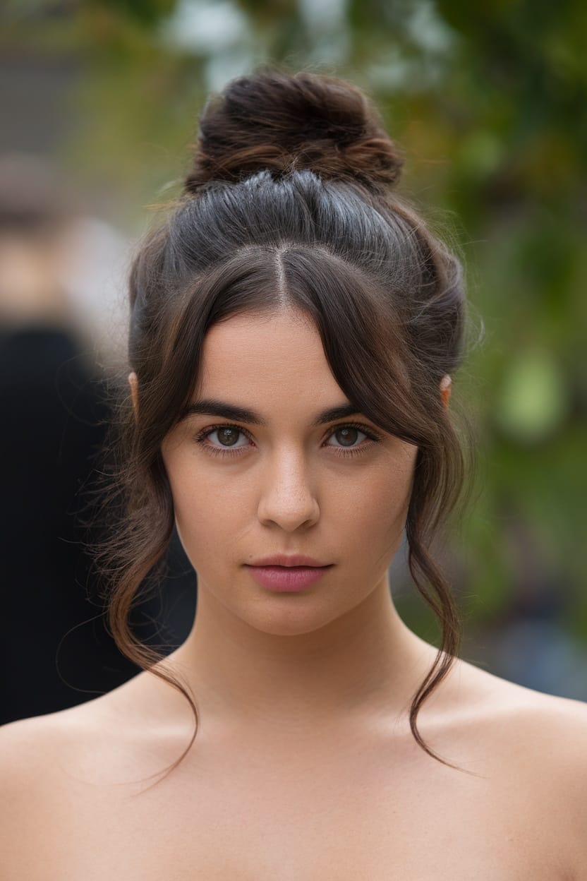 A woman with a low bun hairstyle, featuring soft tendrils framing her face, showcasing elegance suitable for round face shapes.