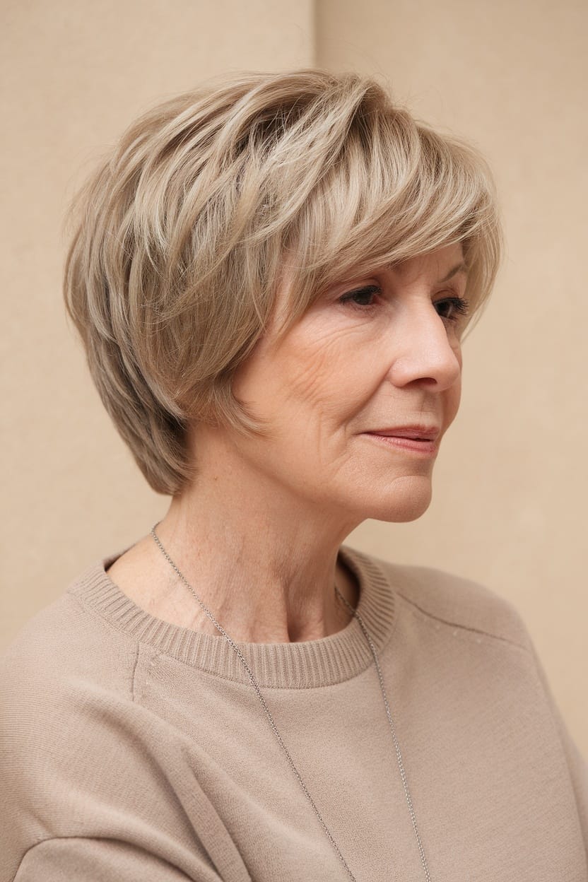 A woman over 60 with a stylish layered bob haircut, looking elegant and poised.