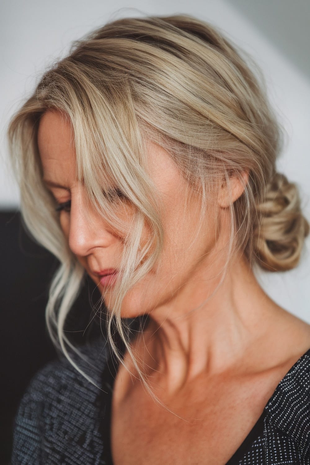 A woman with a low messy bun hairstyle, featuring face-framing strands, looking elegant and relaxed.