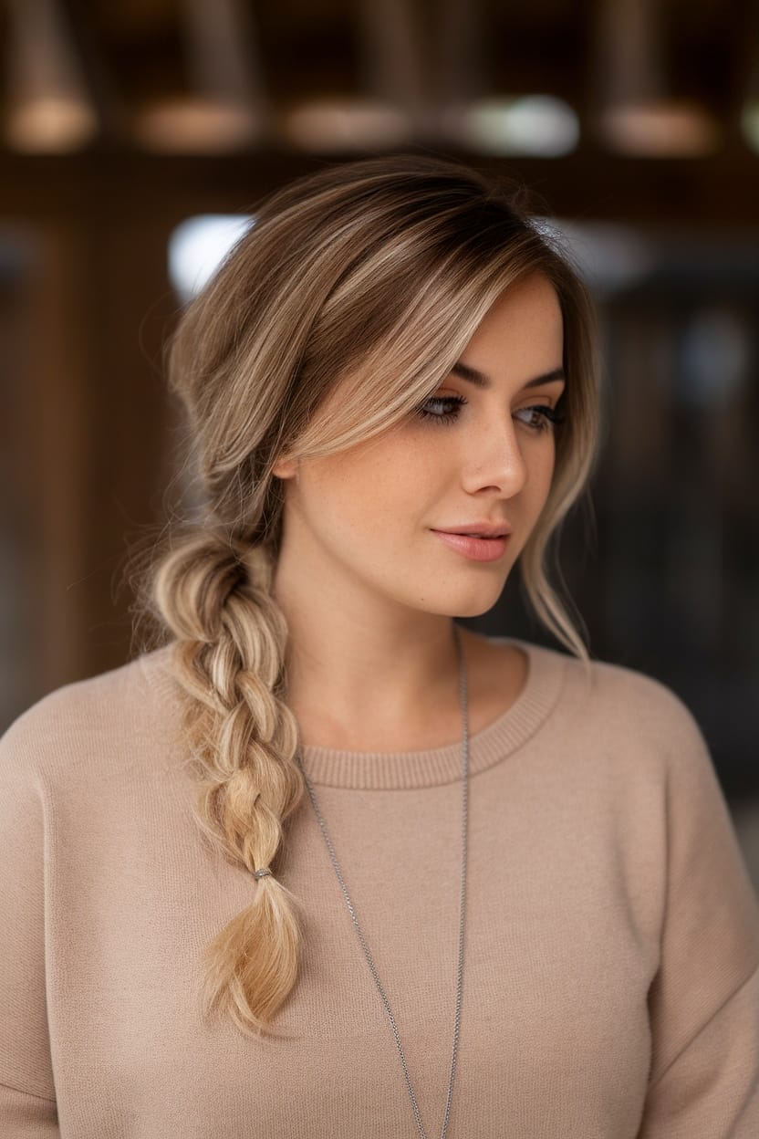A woman with a low side ponytail and a braided section, wearing a beige sweater.