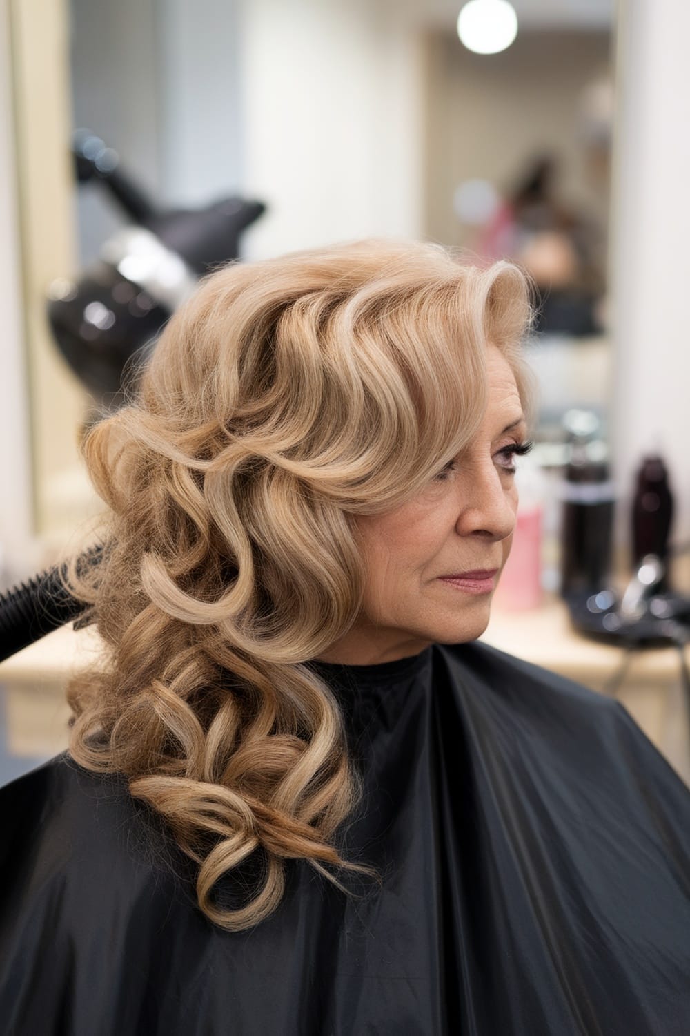 A woman with luxe side-swept curls in a salon setting, showcasing an elegant hairstyle for the mother of the bride.