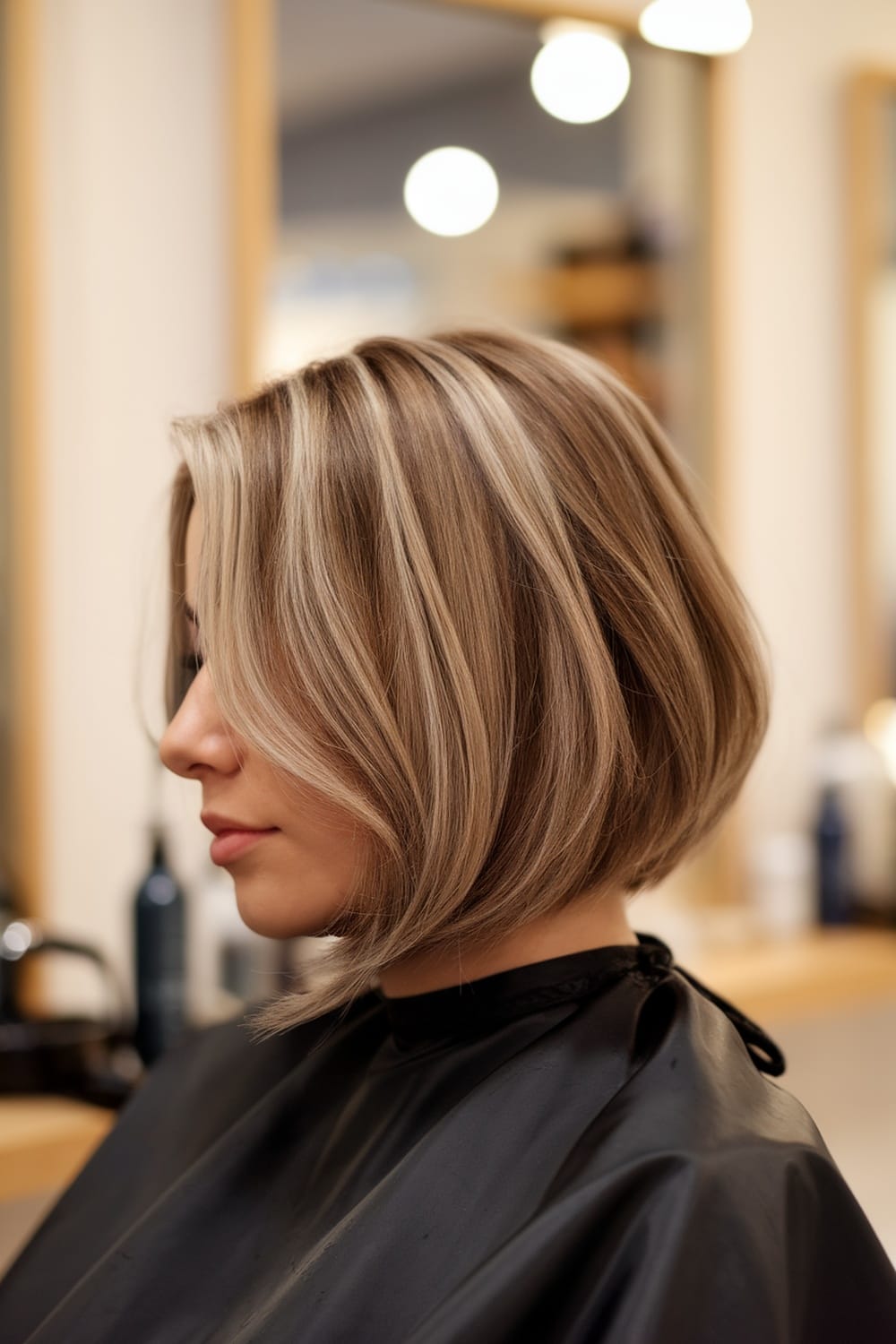 A woman with a medium layered bob haircut featuring subtle highlights, looking stylish in a salon setting.