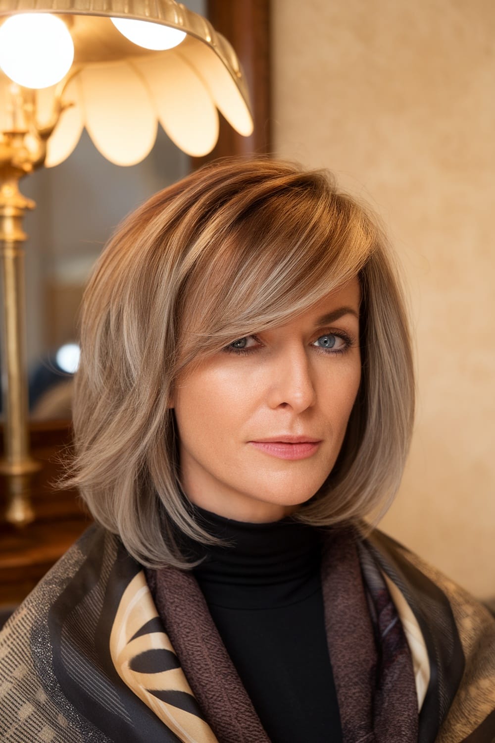 A woman with medium layered hair and a side-swept bang, looking confidently at the camera.