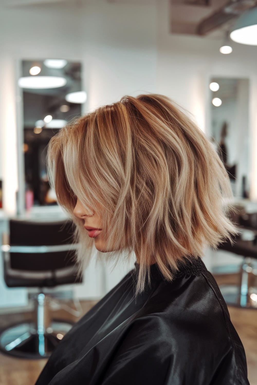 A woman with medium length choppy layered hair, styled in a chic and relaxed manner.