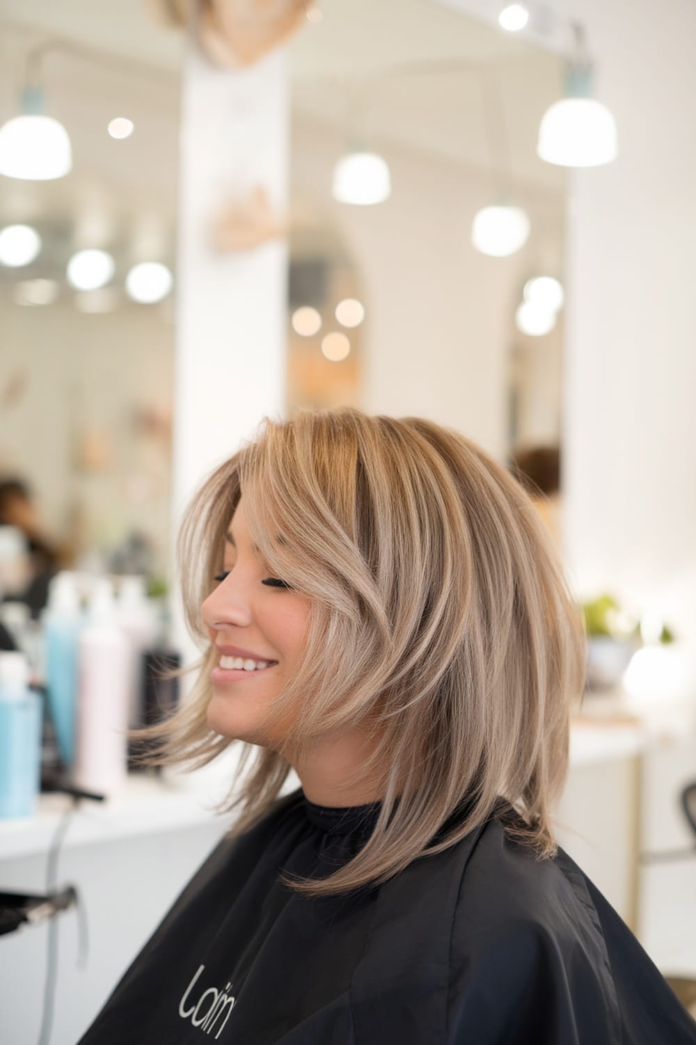 A woman with medium length layered hair smiling in a salon setting.