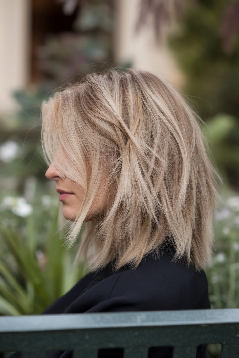 A woman with medium length hair styled in soft feathered layers, sitting on a bench in a garden.