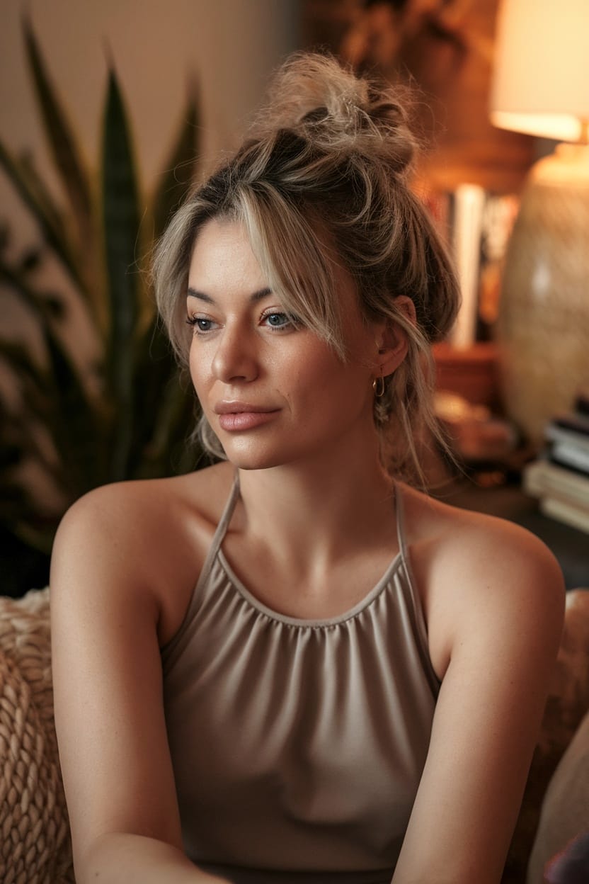 A woman with a messy bun hairstyle, wearing a halter top, sitting in a cozy environment.