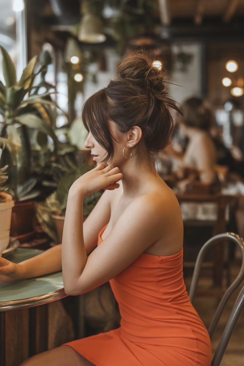 A woman with a messy bun wearing an orange tube dress, sitting at a cafe surrounded by plants.