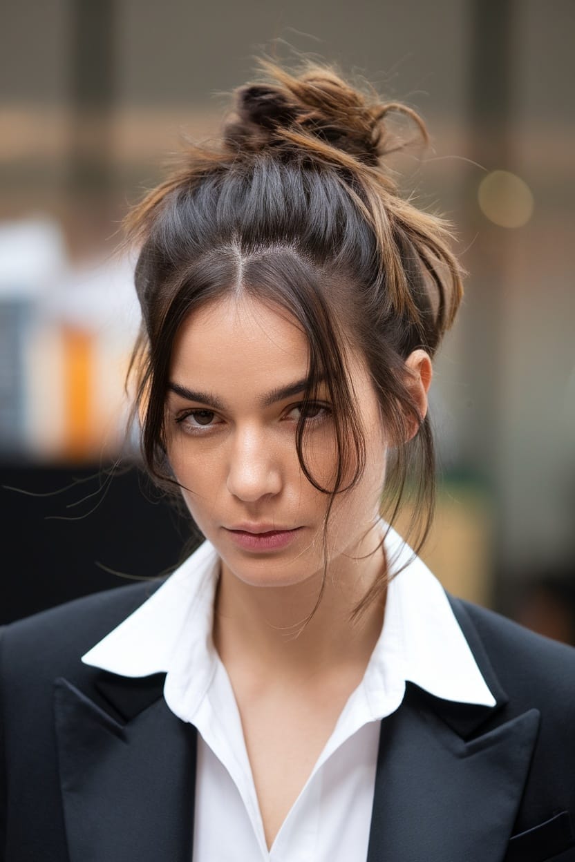 Woman with a messy bun hairstyle, wearing a blazer and a white shirt, exuding a professional yet relaxed look.