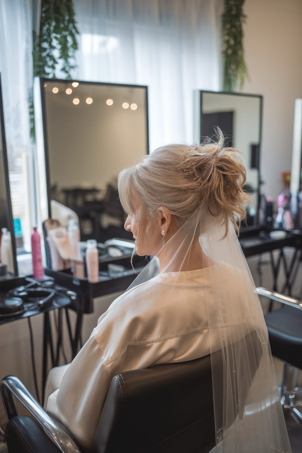 A woman with a messy bun and a delicate veil, seated in a salon, preparing for a wedding.
