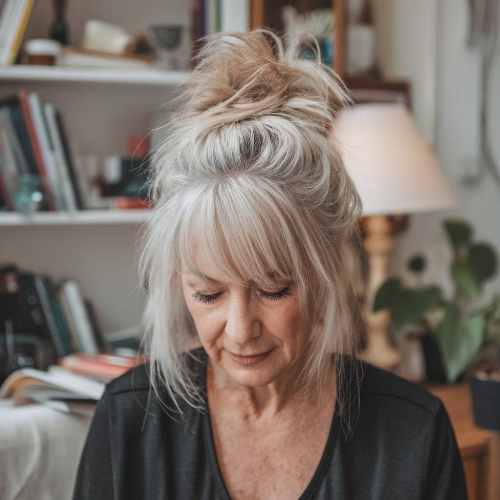 Older woman with a messy bun hairstyle and face-framing strands, sitting in a cozy room.