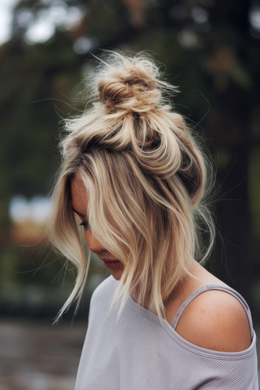 A woman wearing a messy bun hairstyle with loose strands, styled with an off-shoulder top.