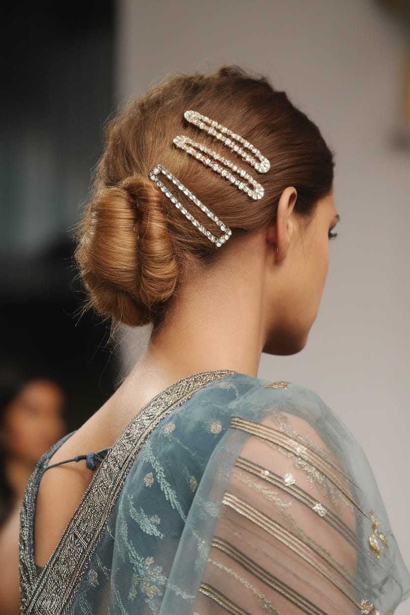 A woman with a messy bun hairstyle adorned with statement hairpins, wearing a blue lehenga with intricate embroidery.