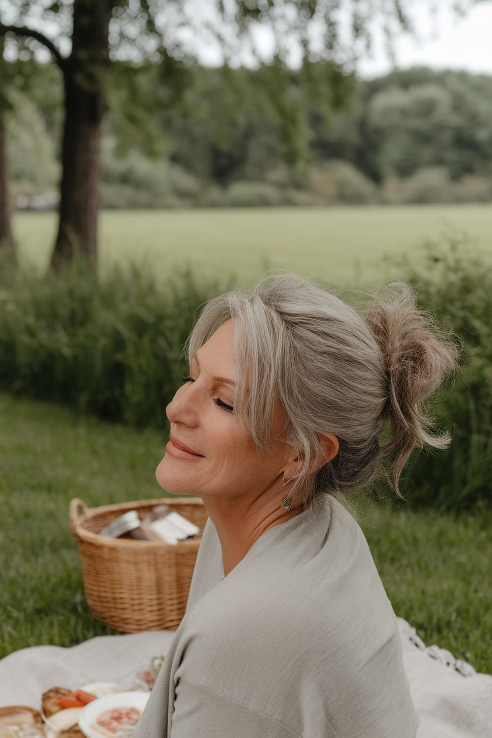 A woman in a messy bun enjoying a picnic in a green outdoor setting.