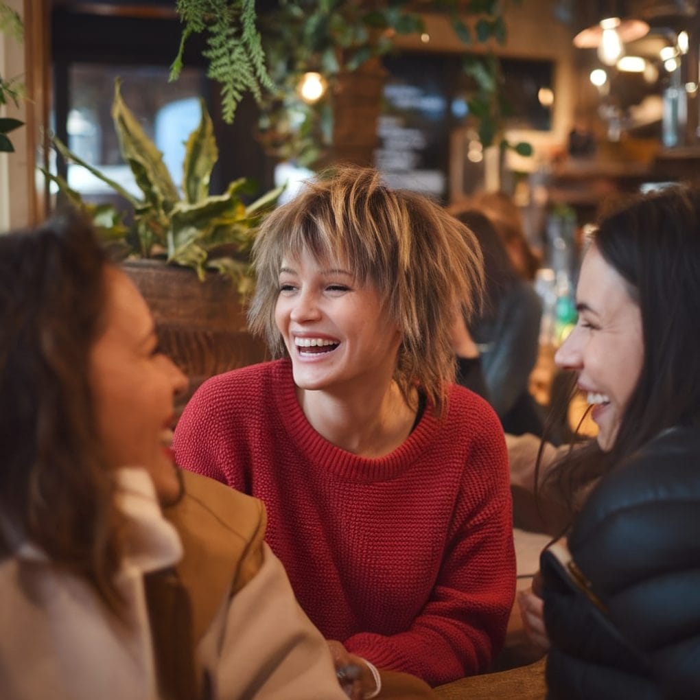 A group of friends laughing together at a cafe, one with a messy crop hairstyle.
