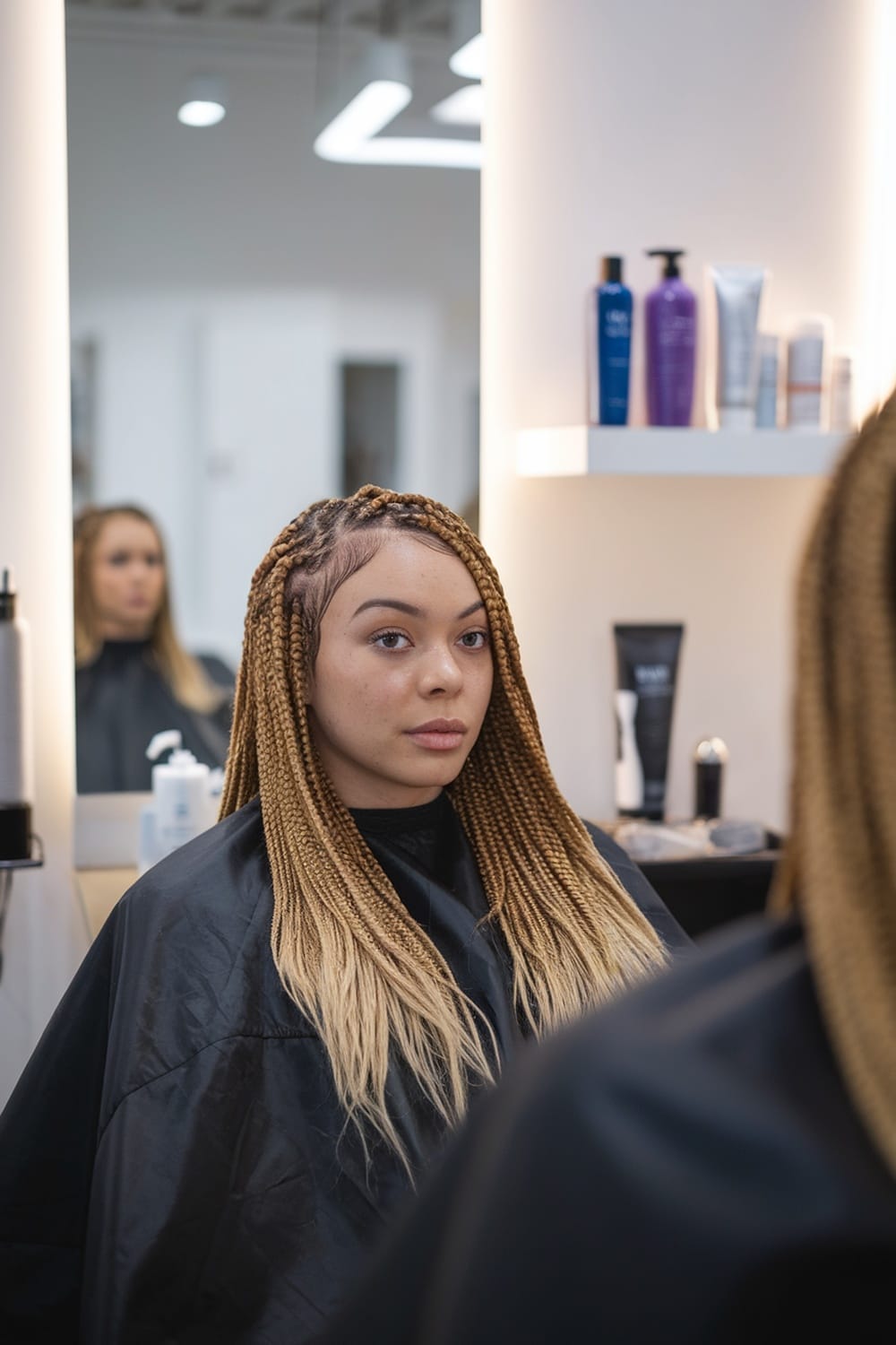 A person with micro braids sitting in a salon chair, looking at their reflection.