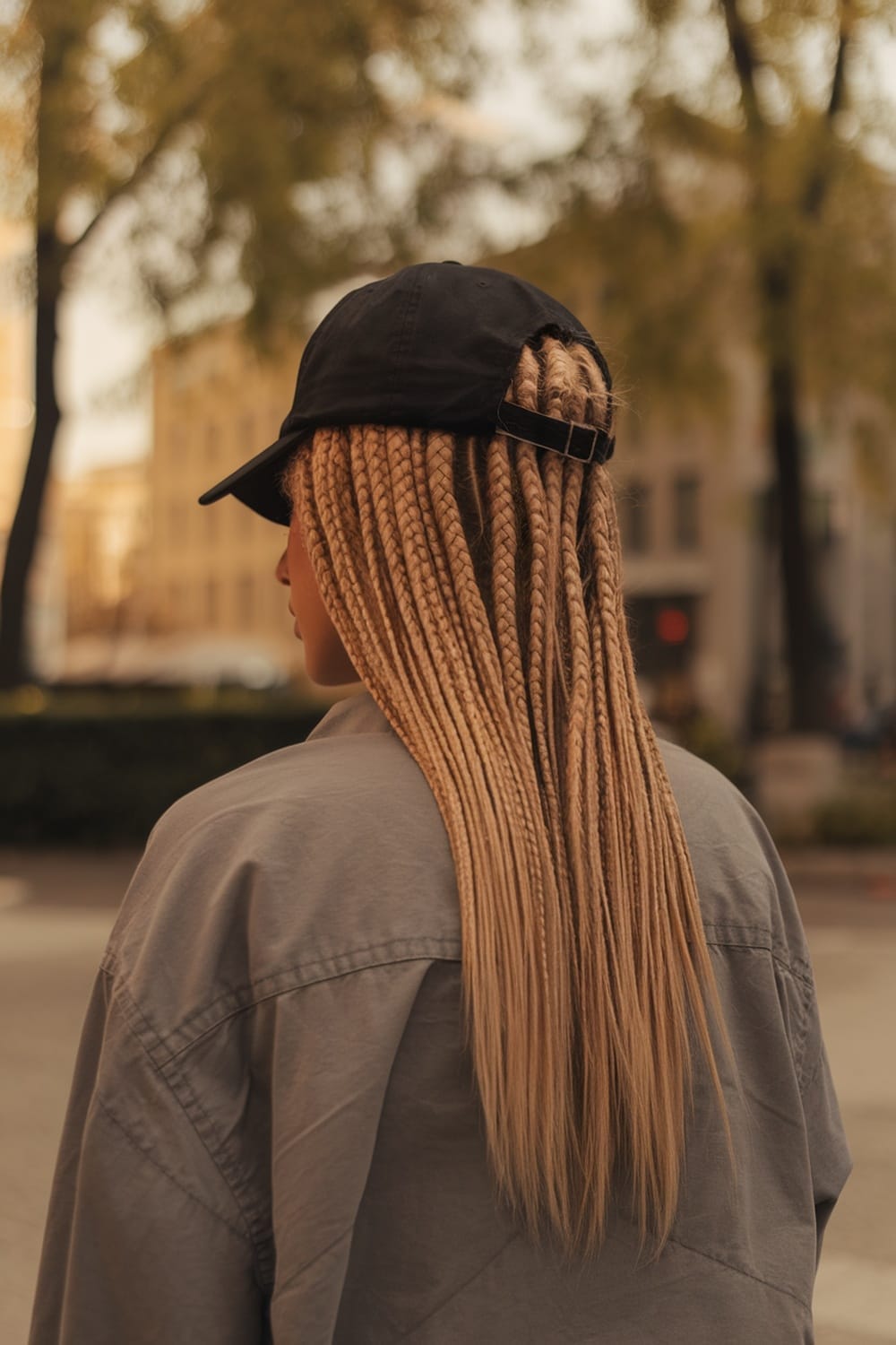 A person with micro braids wearing a black cap, viewed from the back.