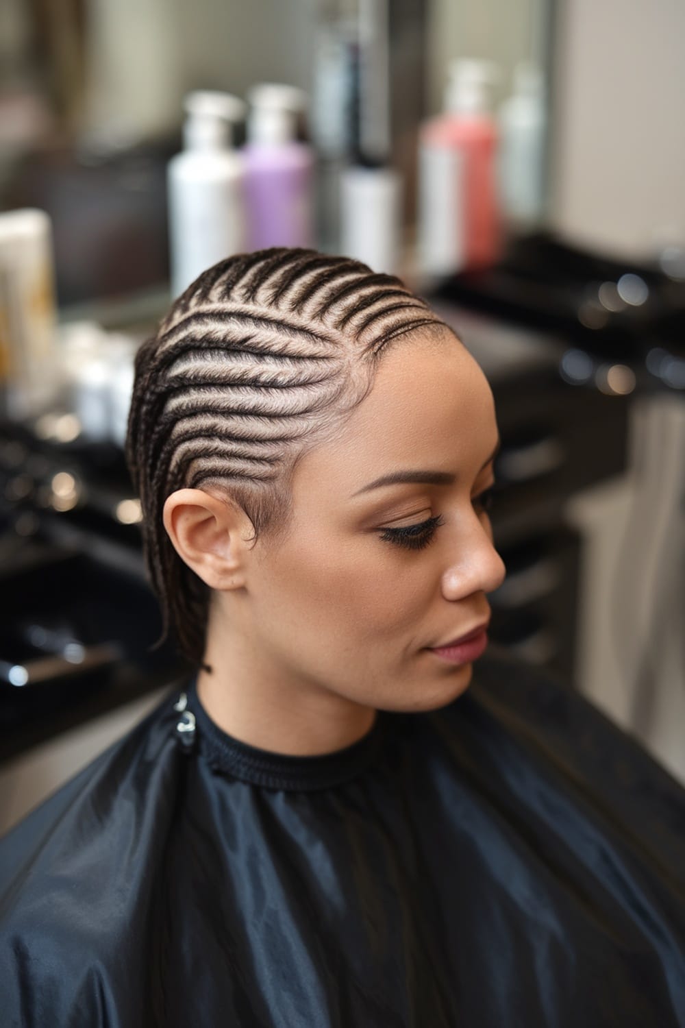 A woman with micro braids in a salon setting.