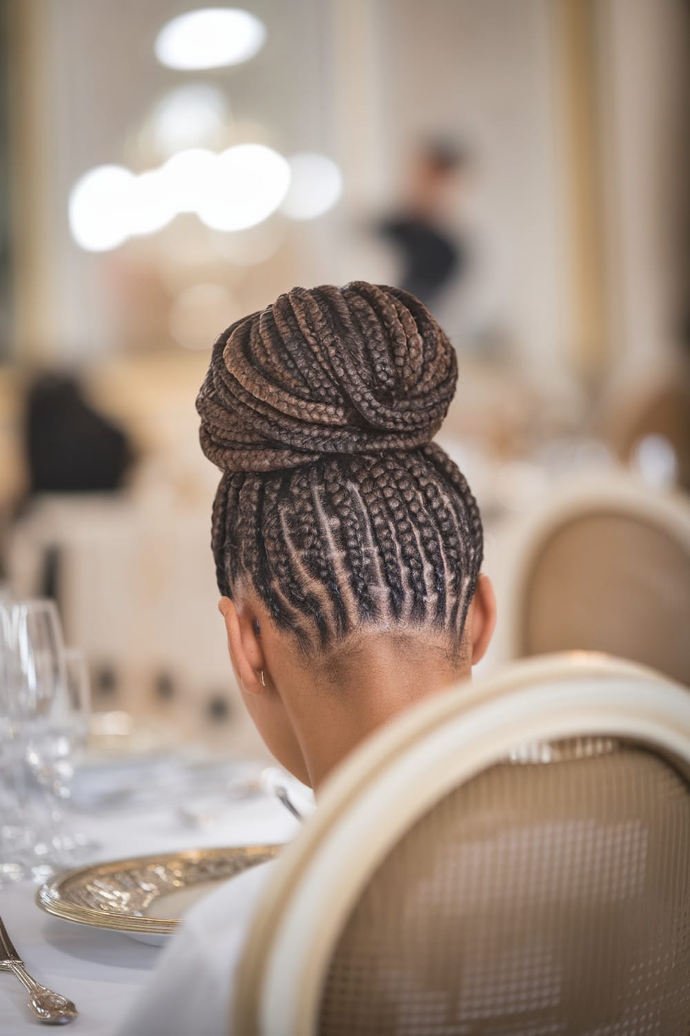 A close-up view of a woman with micro braids styled in a bun, seated at a dining table.