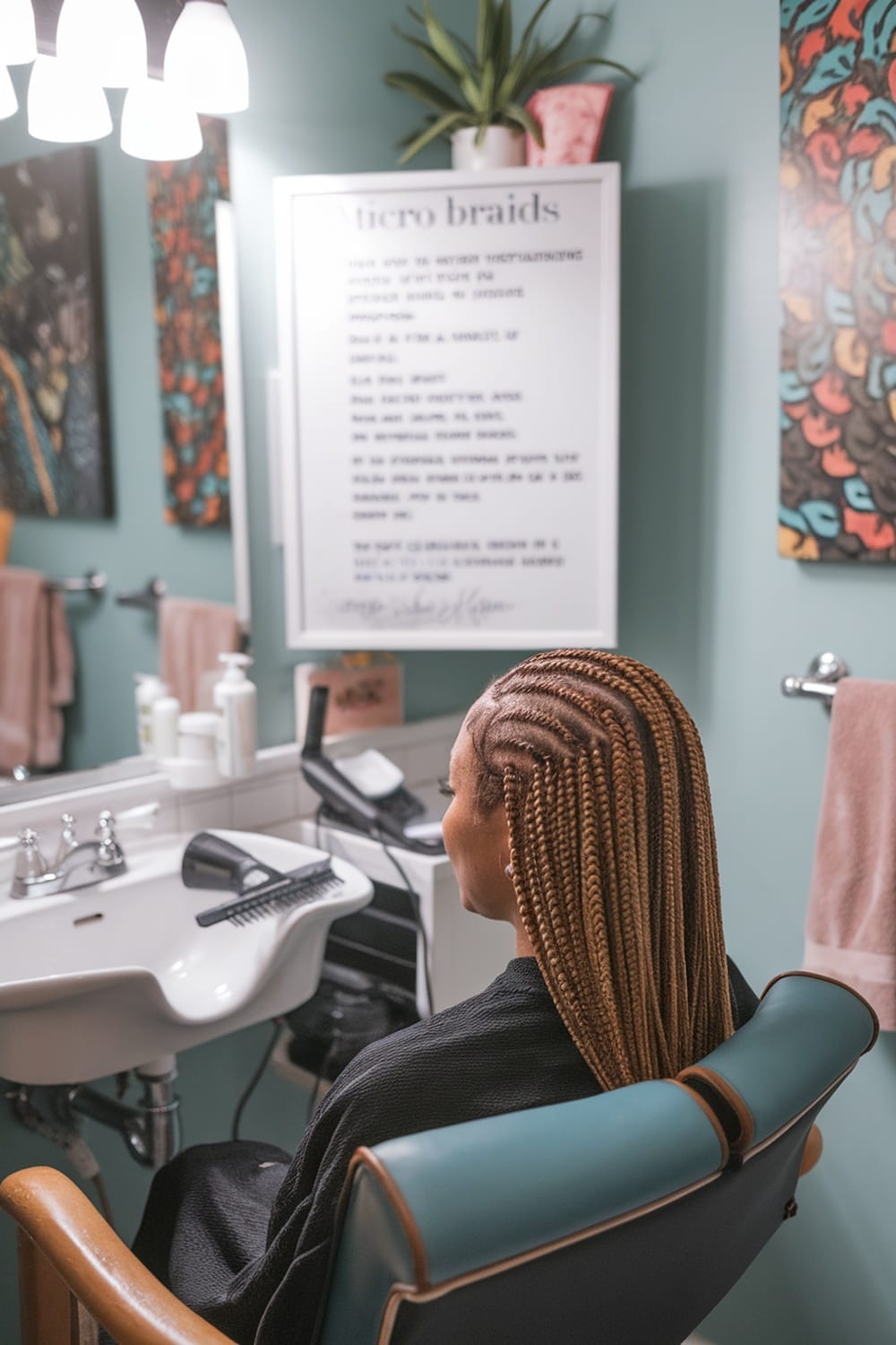 A person with micro braids sitting in a salon chair, looking at a mirror with hair care products in the background.