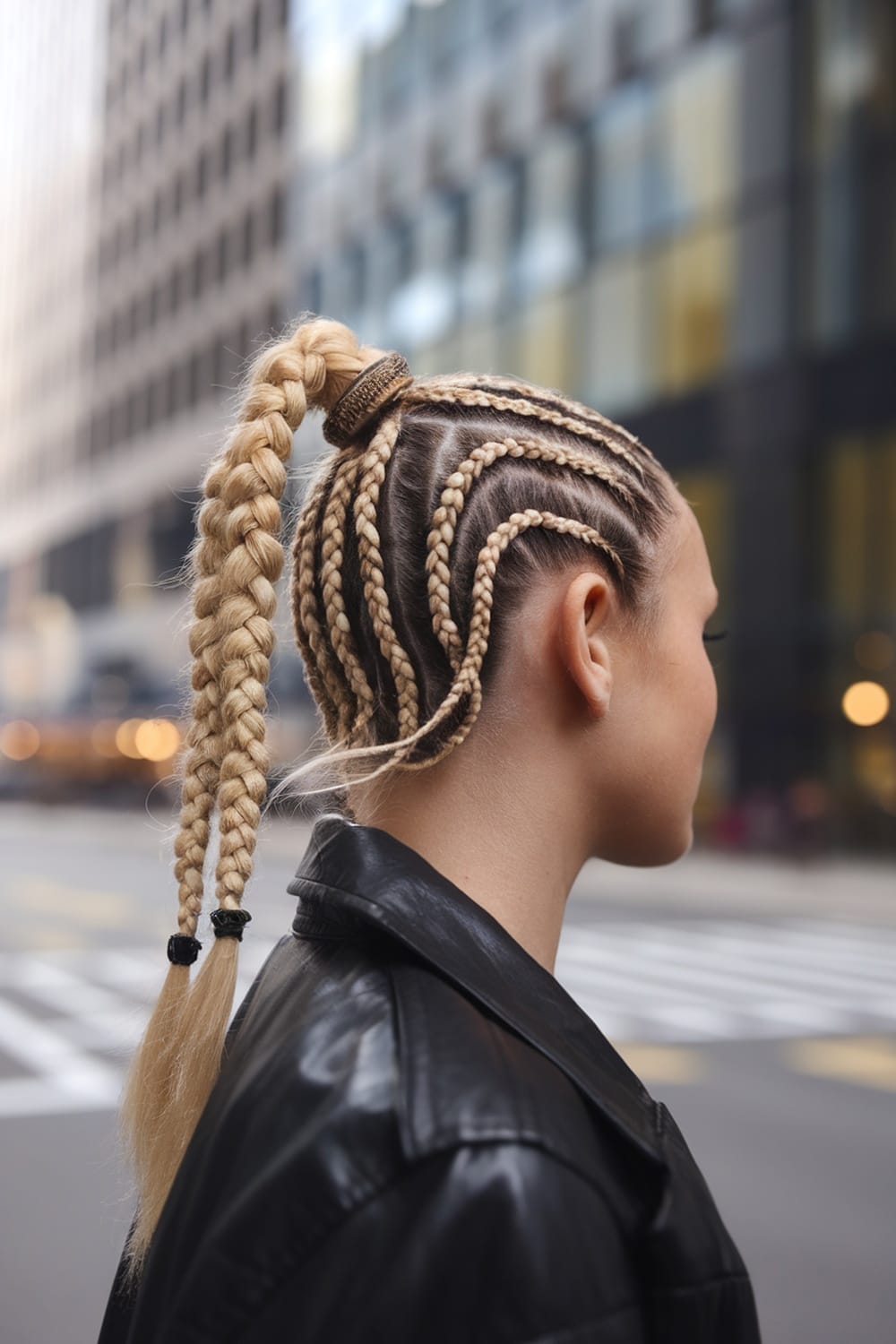 A woman with micro braids styled in a high ponytail, showcasing a trendy hairstyle.