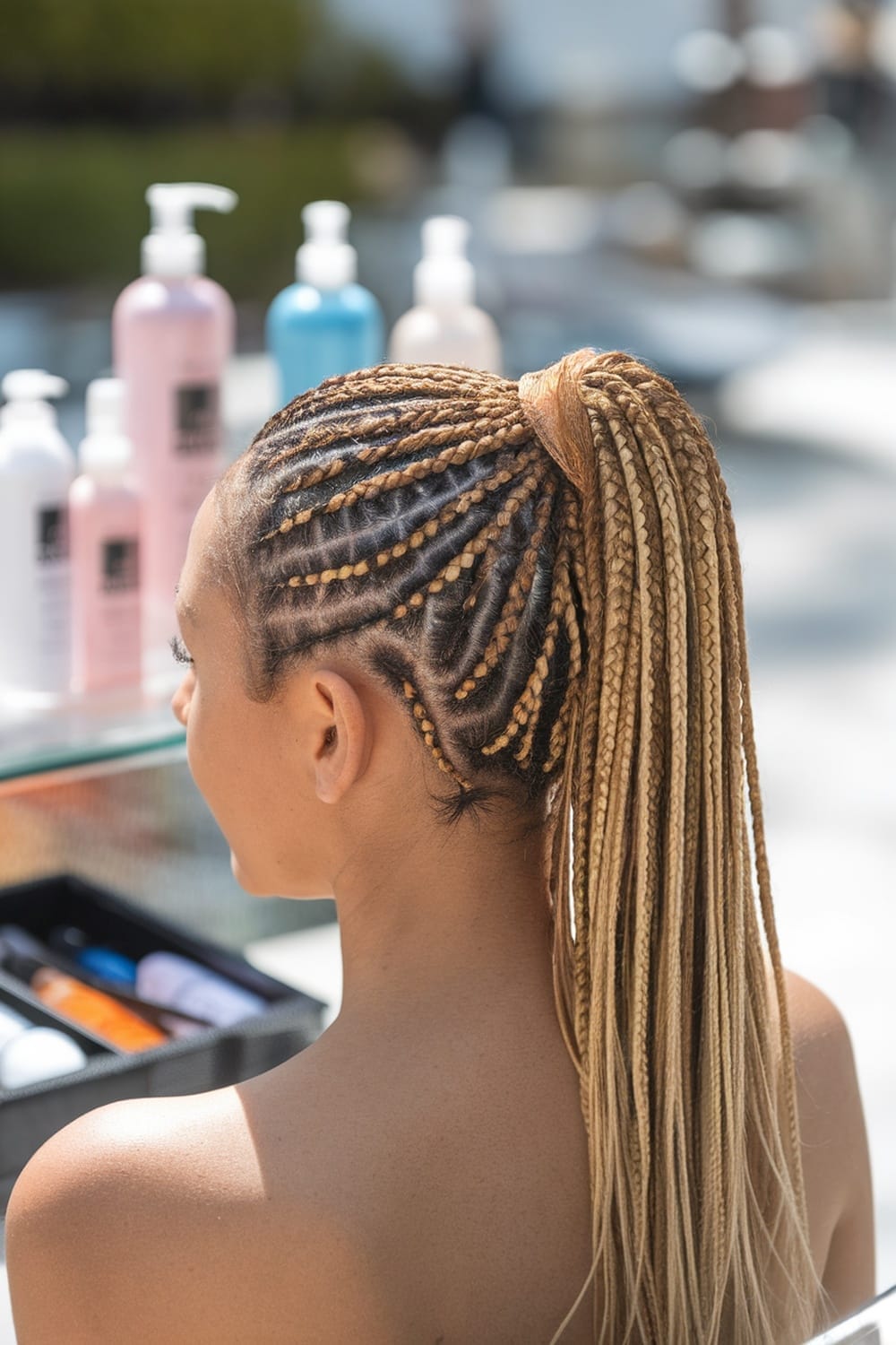 A woman with micro braids styled in a high ponytail, showcasing a sleek and trendy hairstyle.