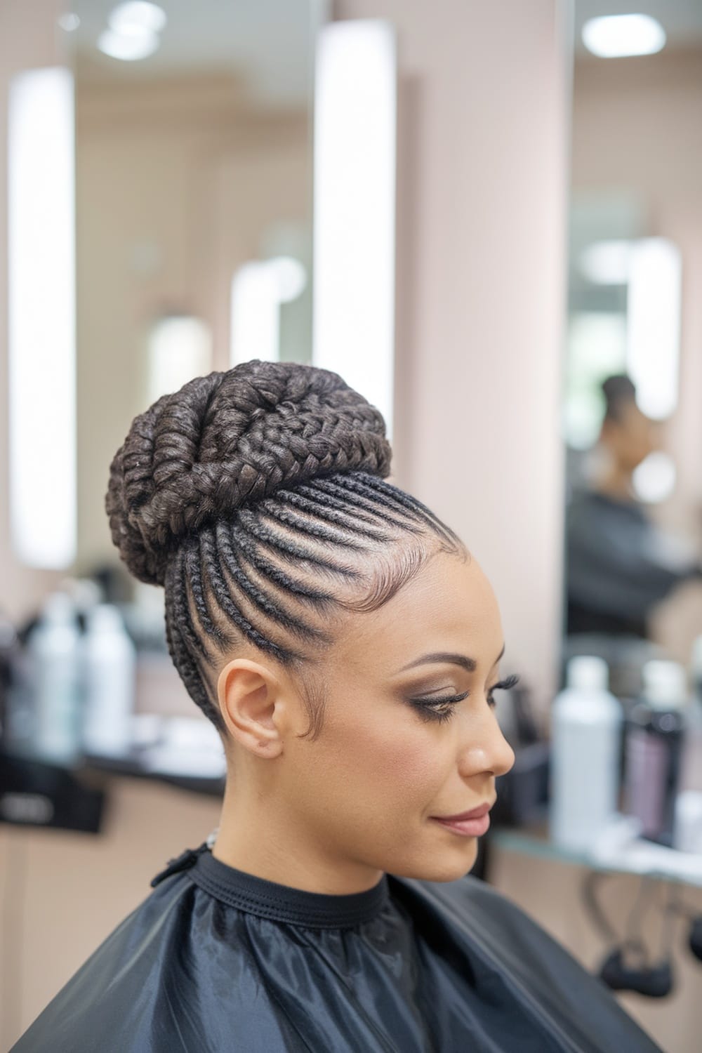 A woman with micro braids styled in an elegant updo, showcasing a neat and sophisticated look.