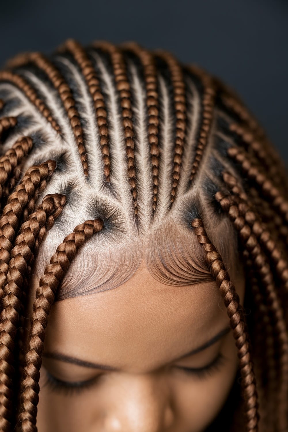 Close-up of micro braids styled with a center part.