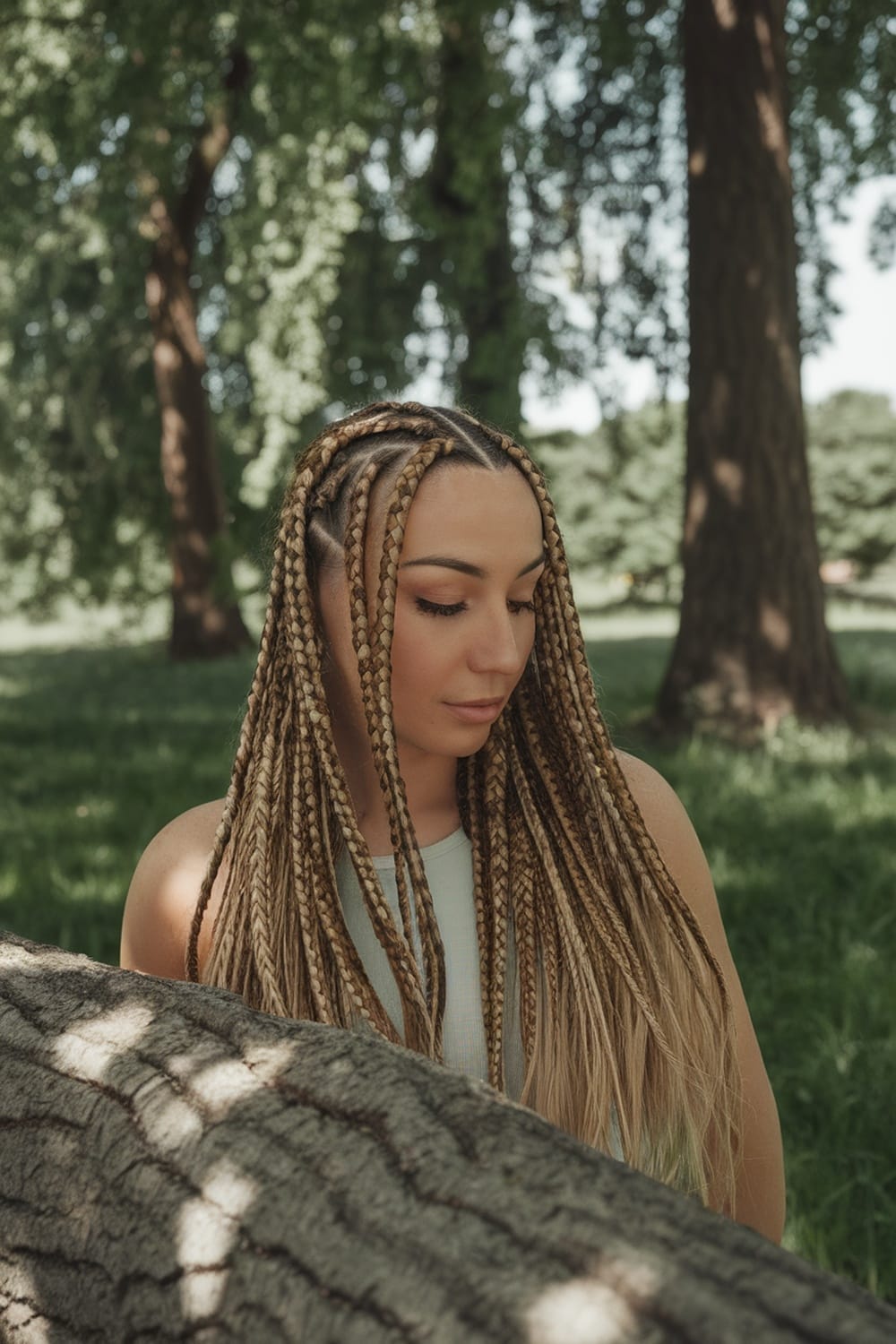 A woman with micro braids styled into a fishtail braid, surrounded by greenery.