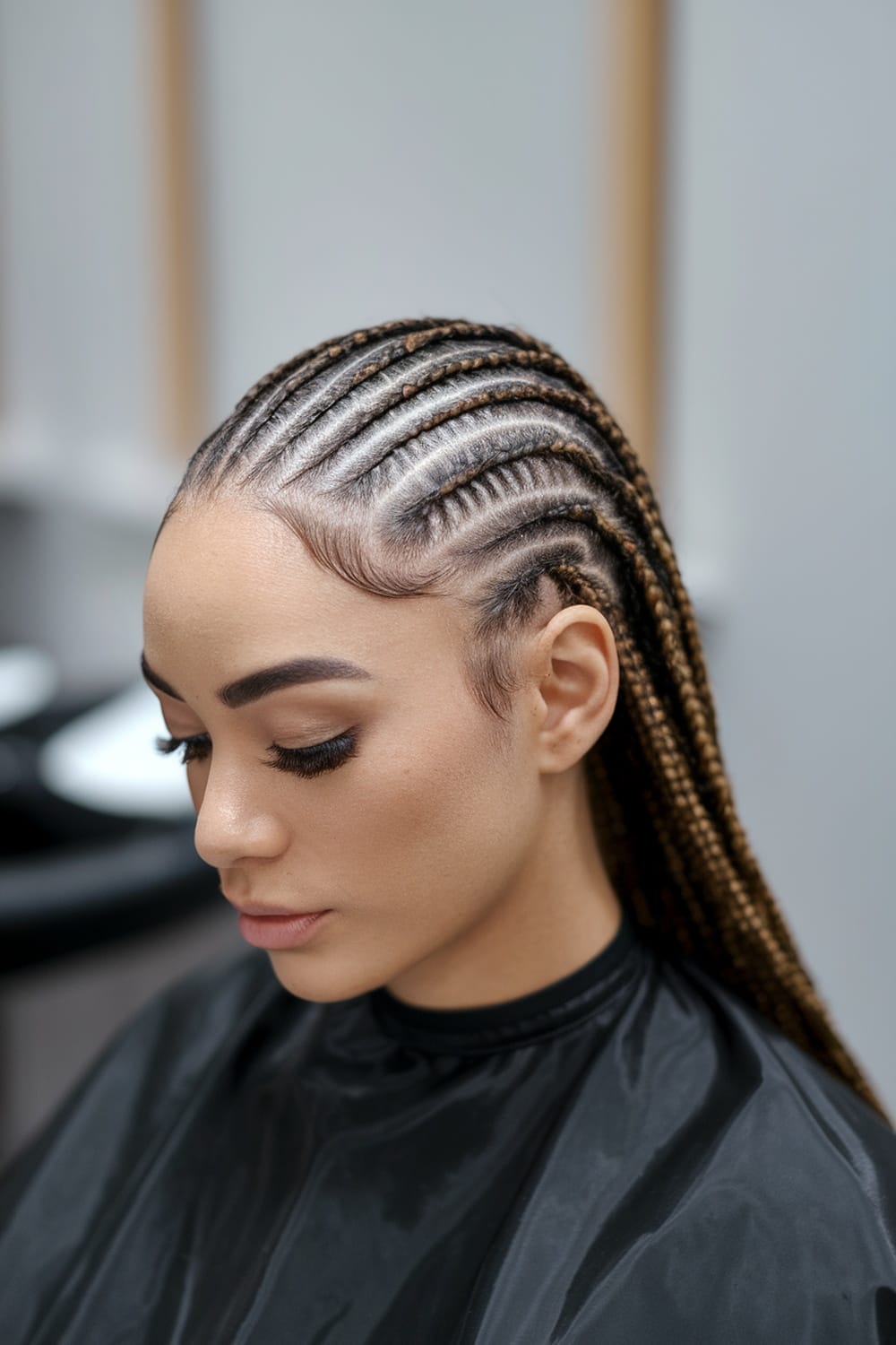A close-up of a woman with micro braids styled in a middle part.