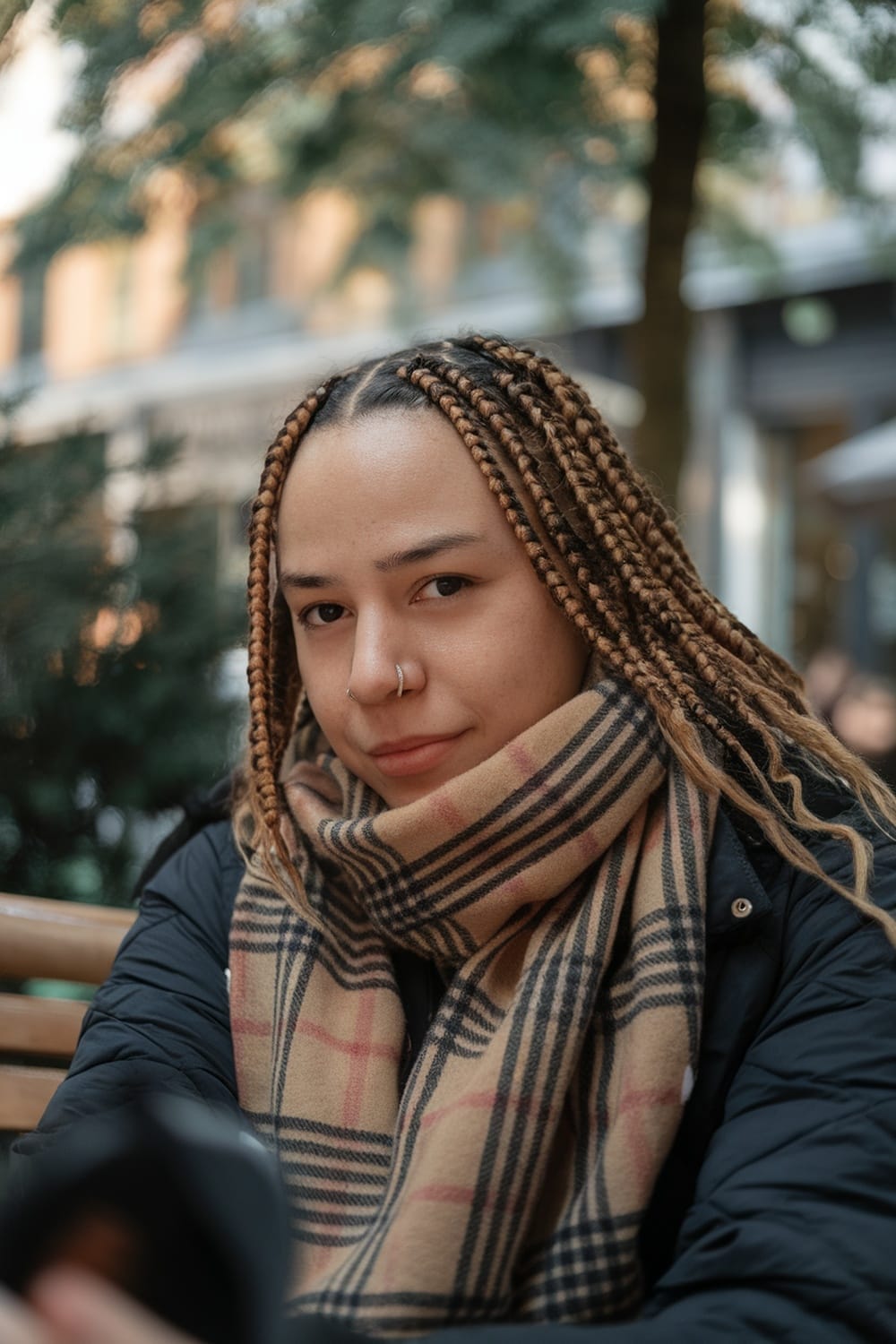 A person with micro braids wearing a stylish scarf, showcasing a trendy hairstyle.