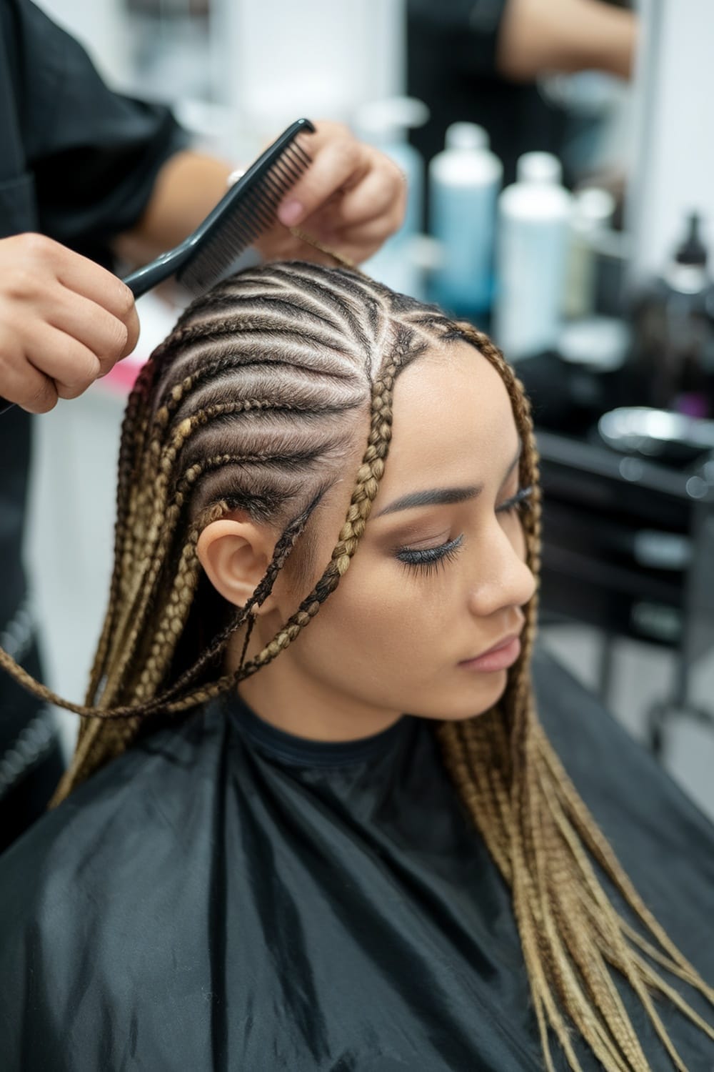 A person getting micro braids styled with a side part in a salon.