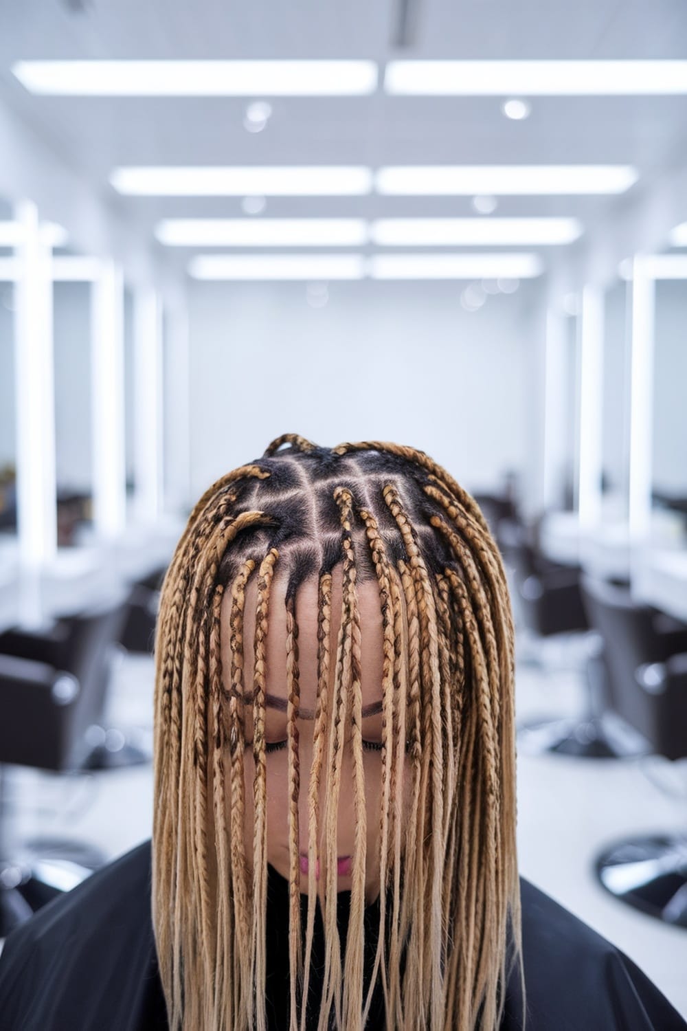 A close-up view of micro braids with color highlights, showcasing a stylish hairstyle.