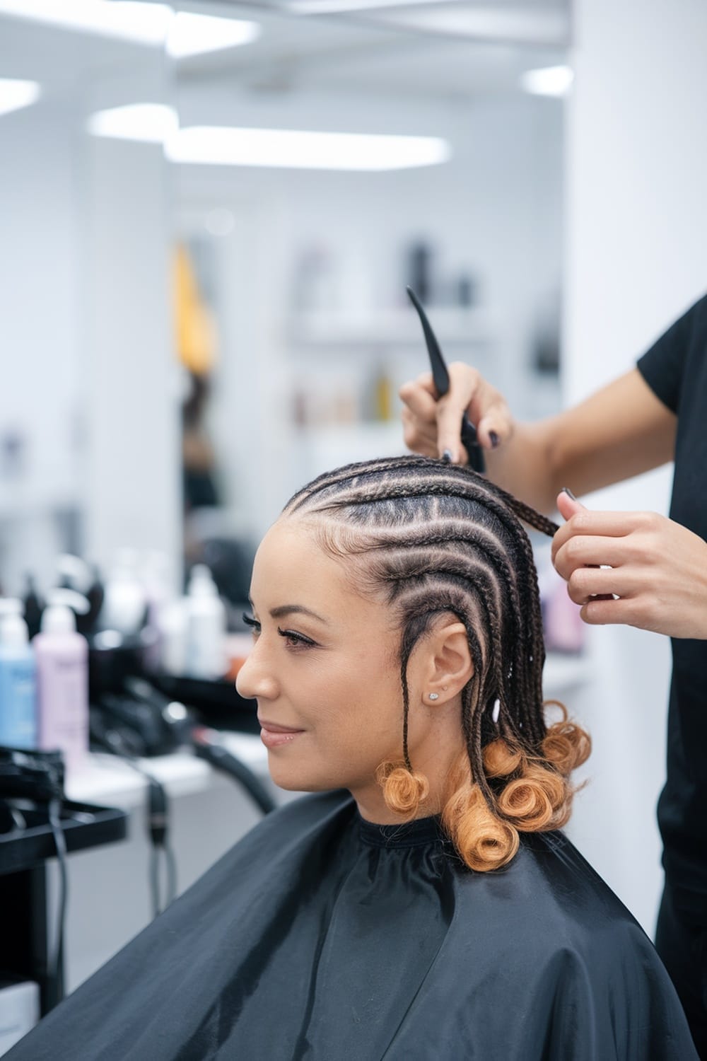 A woman getting micro braids styled with curls in a salon.