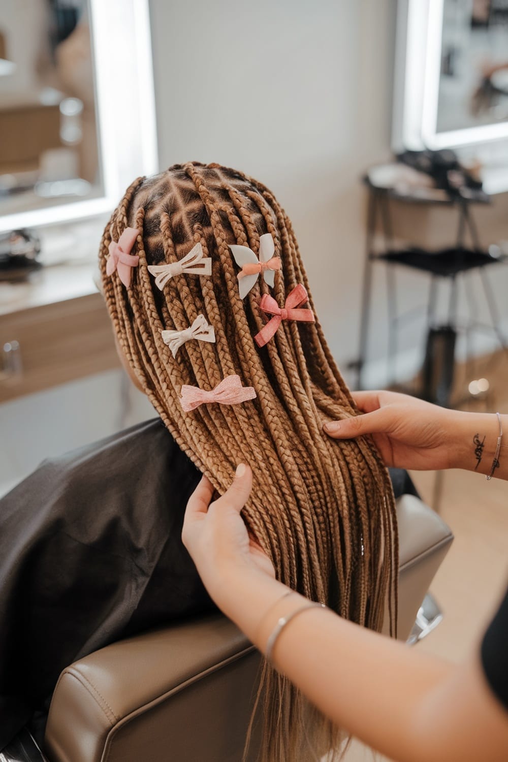 A close-up of micro braids adorned with colorful hair bows.