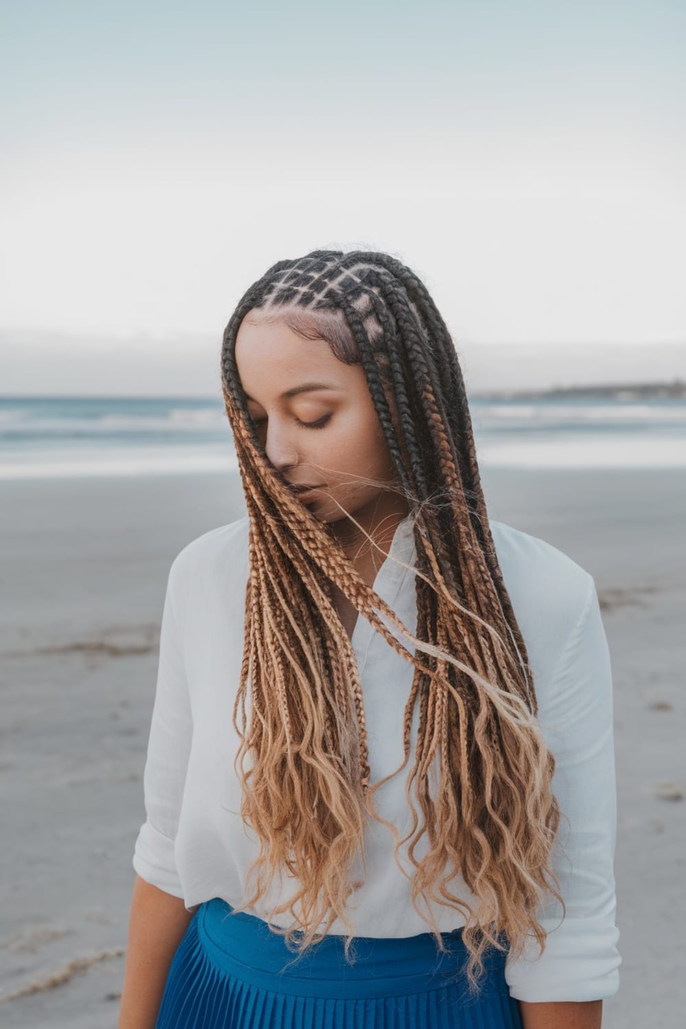 A woman with micro braids and loose waves standing on a beach.